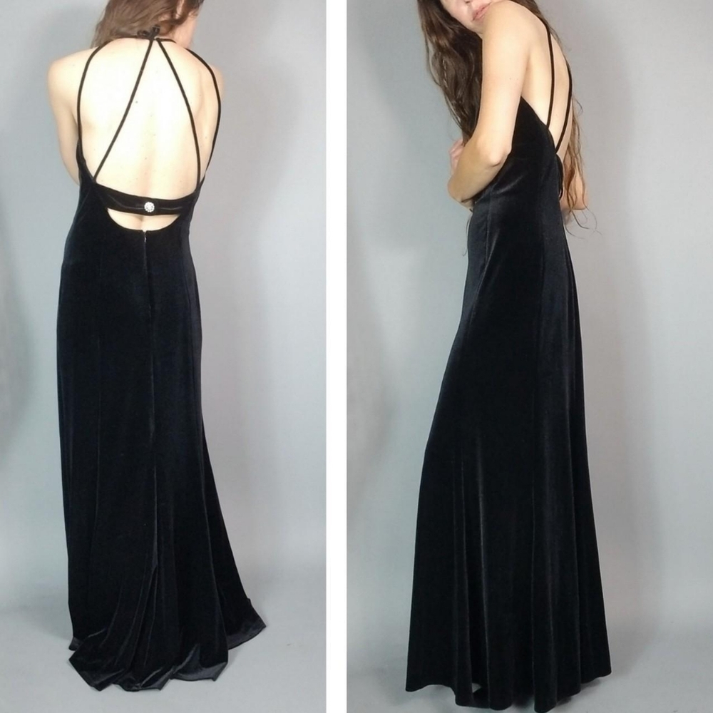 Vintage 90s Black Dress Slinky Strappy Velvet Maxi s m